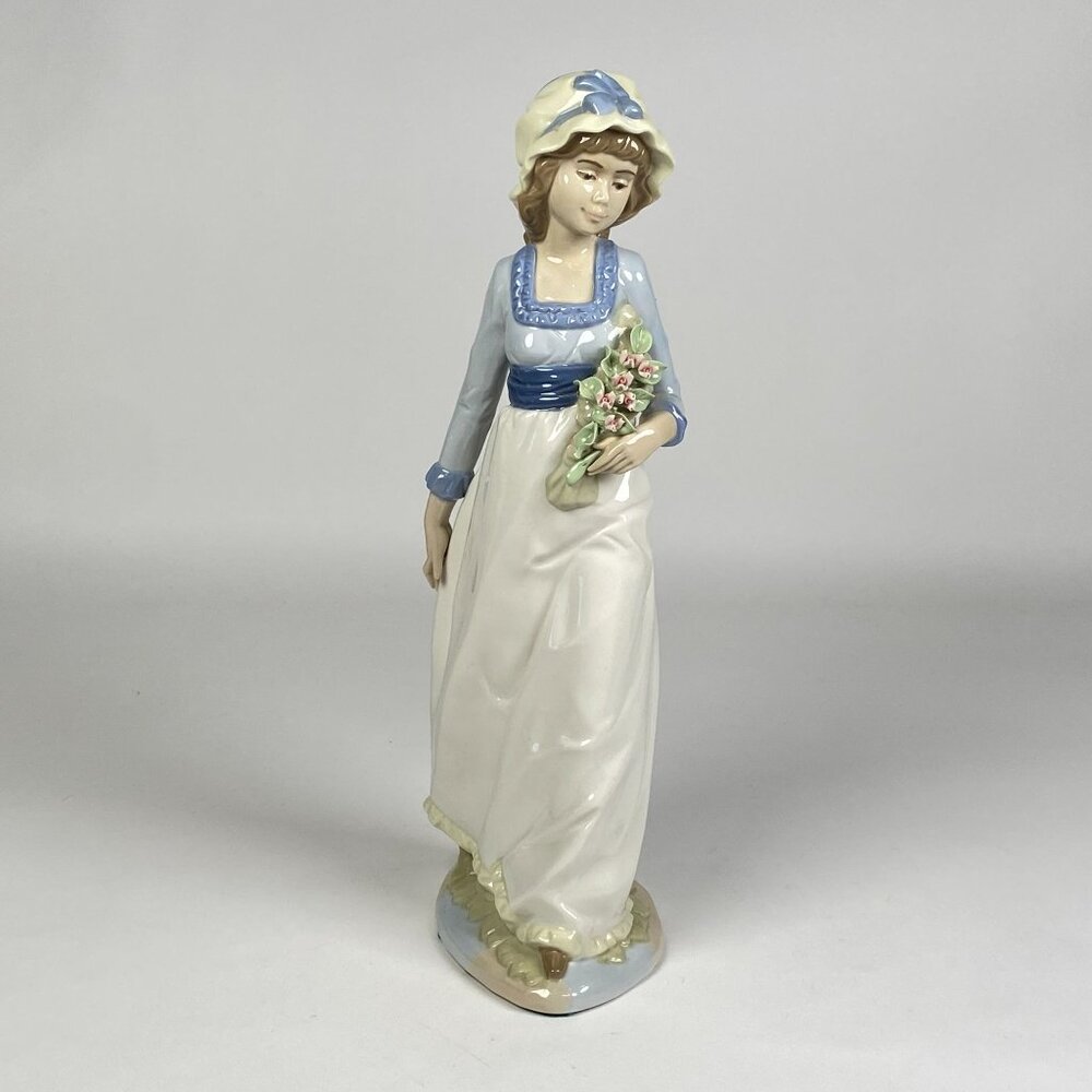 Nadal Spanish Porcelain Figurine Young Woman in Dress Rose Bouquet Handcrafted